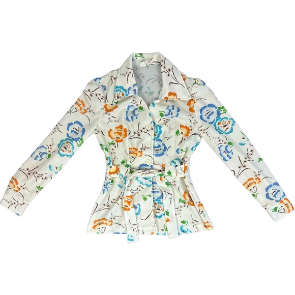 Vtg 60’s 70’s Button Up Blouse Floral Belted Long Sleeve Boho Hippie Retro Sz 12 - Picture 1 of 6